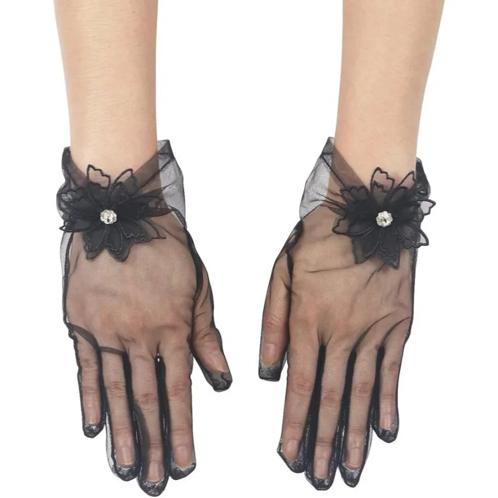 Women's Evening Black Mesh Lace Short Gloves Wedding Bridal Tea Party Prom